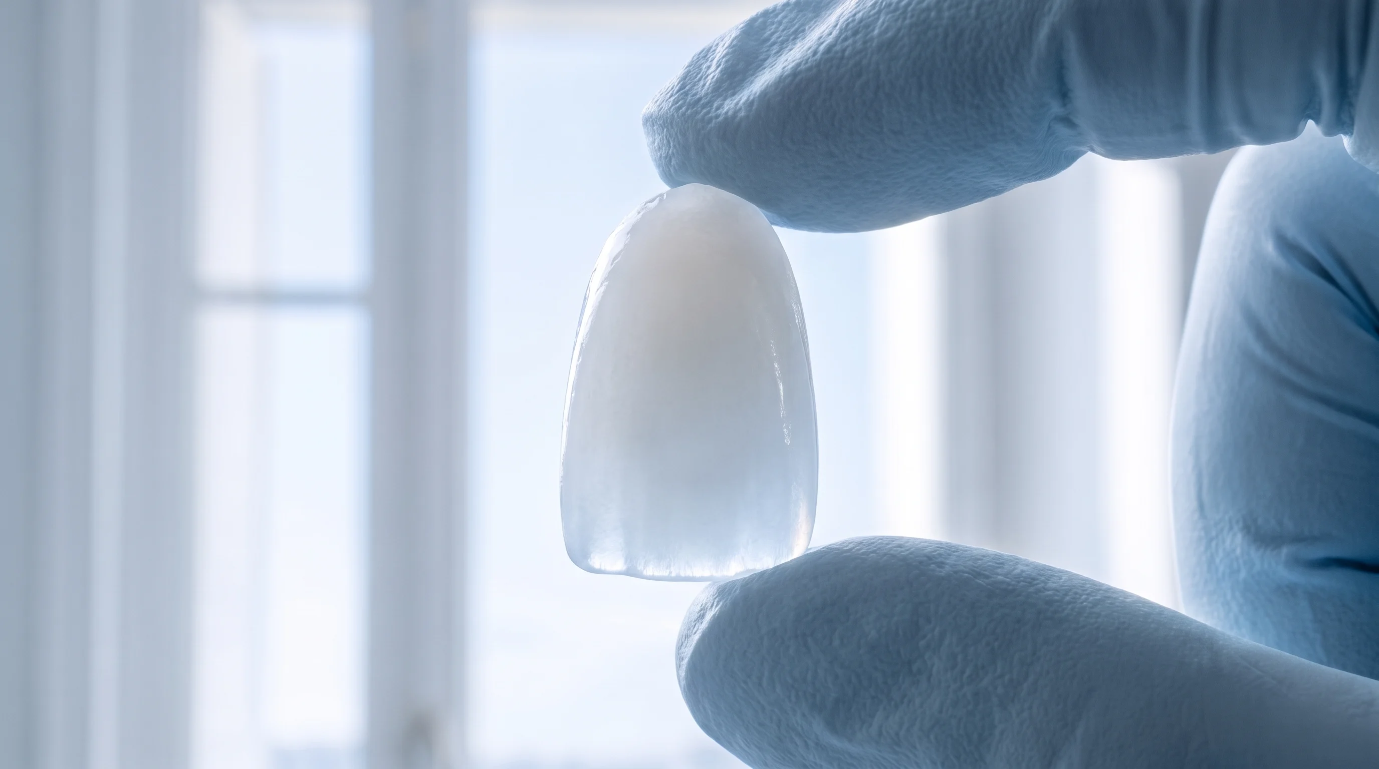 A single porcelain veneer held between two gloved fingertips against a bright Paris window, light passing through its thin edge
