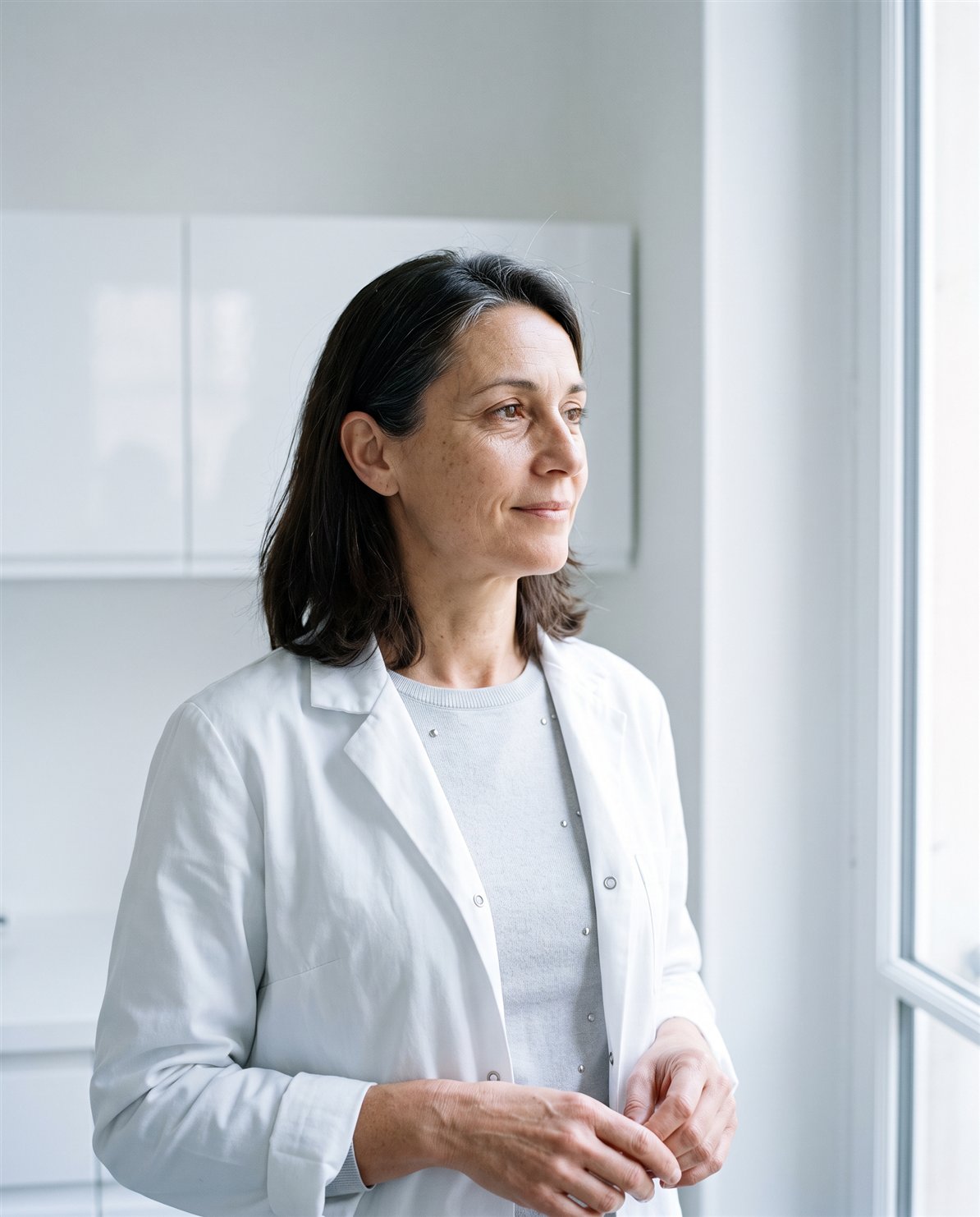 Dr. Claire Ferrand in a white coat by the window of her Paris practice