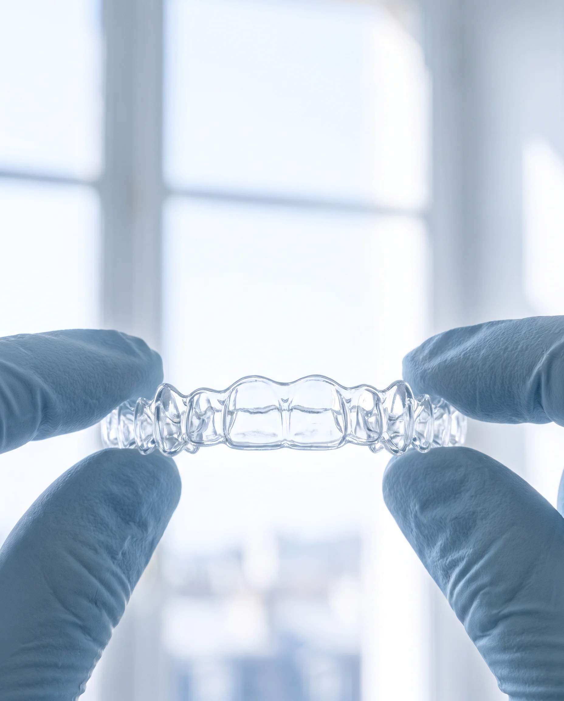 Gloved fingertips holding a clear aligner up to the window, light drawing its edges