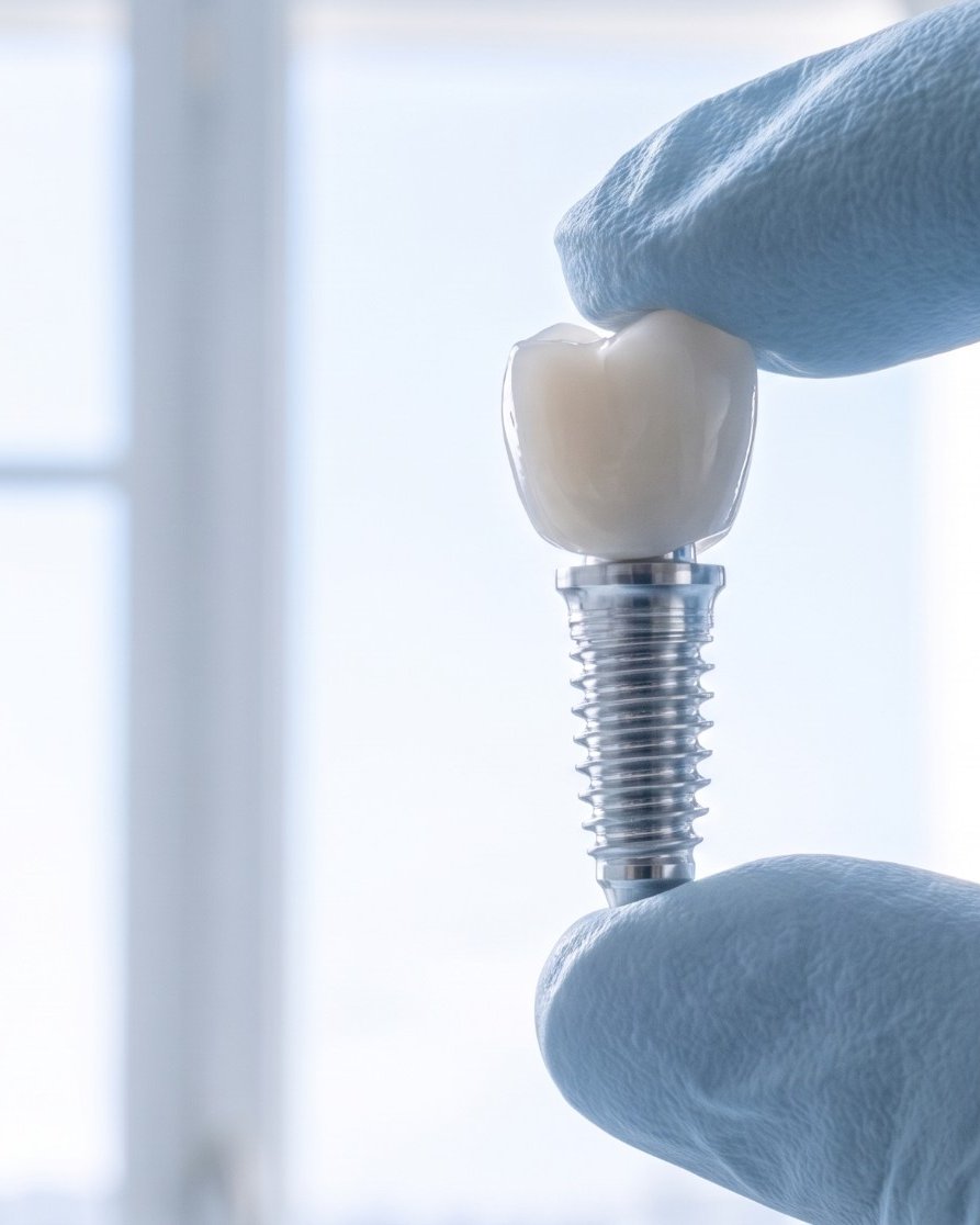 Gloved fingertips holding a titanium implant with its porcelain crown up to a bright window