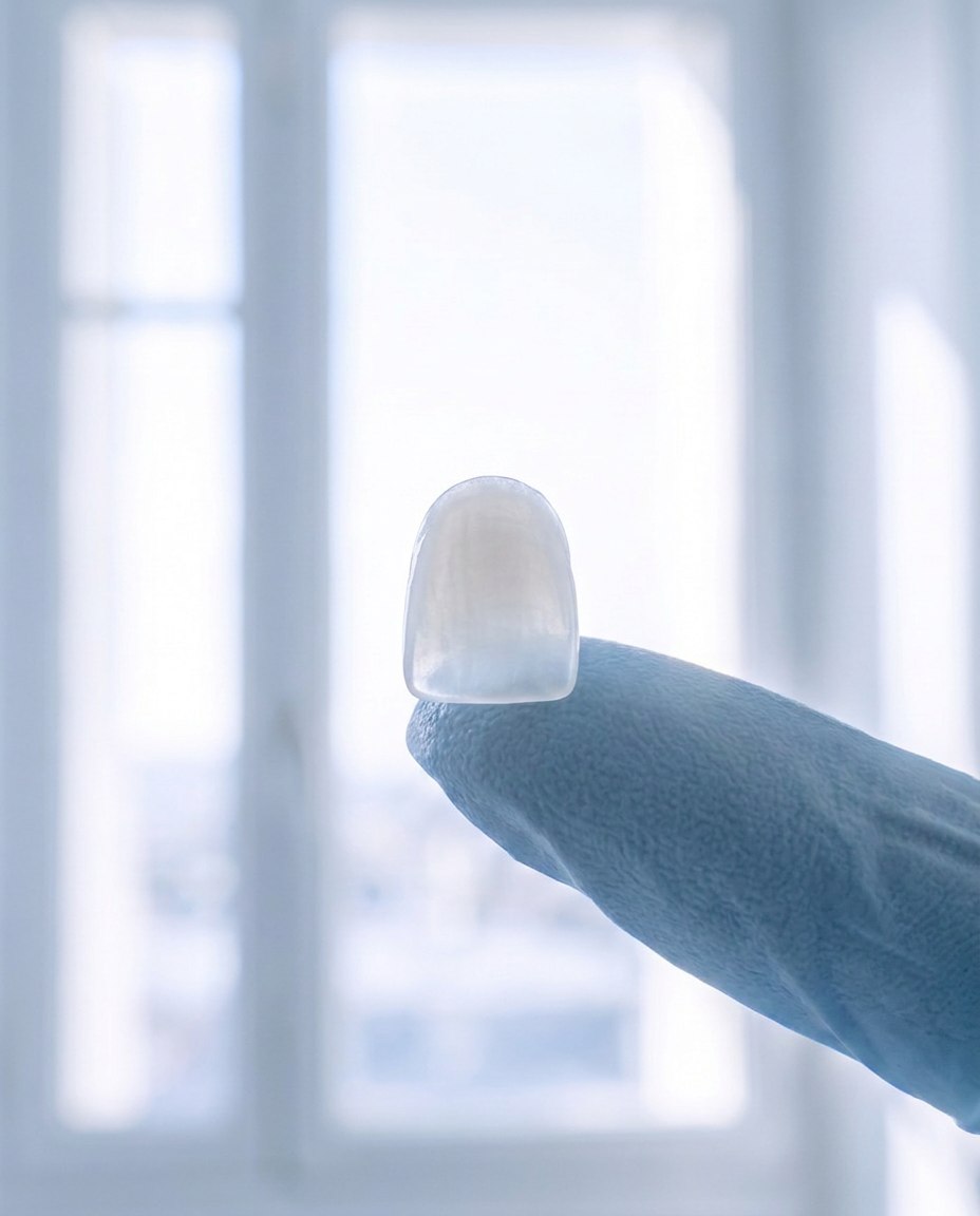 A single porcelain veneer, thin and translucent at the edge, resting on a gloved fingertip by the window